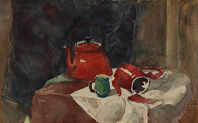 Маргарита Сюрина. Натюрморт с красным чайником, этюд, 1991